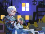  1boy birdcage black-framed_eyewear cage closed_mouth commentary_request controller crt game_console game_controller gamecube glasses indoors itomugi-kun japanese_clothes kimono long_sleeves looking_at_viewer male_focus morichika_rinnosuke nintendo_64_controller playstation_2 playstation_controller rabbit red_ribbon ribbon semi-rimless_eyewear short_hair sitting solo touhou under-rim_eyewear white_hair white_ribbon wii wii_u window yellow_eyes 