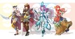  bad_id bad_pixiv_id blue_legwear boots brown_hair brown_legwear cape crossed_legs dress entei gen_2_pokemon gloves greaves hair_ornament headpiece high_heels ho-oh long_hair lord_jack mask mask_removed multiple_girls personification poke_ball_symbol pokemon purple_hair raikou red_eyes red_hair ribbon shadow suicune sword thighhighs twintails very_long_hair weapon white_hair yellow_eyes yellow_legwear 