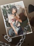  1girl 5-string_bass_guitar bang_dream! bang_dream!_it's_mygo!!!!! bass_guitar black_choker black_hair blue_eyes chain choker extended_range_bass_guitar feiyu30903448 guitar_strap highres instrument object_focus photo_(object) plectrum shirt short_hair short_sleeves solo white_shirt yahata_umiri 