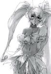  branch_(blackrabbits) breasts collar cum cure_sunshine facial greyscale hair_ribbon heartcatch_precure! highres long_hair magical_girl midriff monochrome myoudouin_itsuki navel nipples precure ribbon skirt small_breasts solo tears twintails 