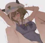  1girl ai-generated armpits arms_up aroused blue_eyes blue_one-piece_swimsuit blush breasts bright_pupils brown_hair cheval_grand_(umamusume) clothing_aside covered_navel detached_collar female_pubic_hair half-closed_eyes hand_on_another's_thigh heart highres horse_girl horseshoe_ornament implied_sex large_breasts medium_hair motion_lines multicolored_hair one-piece_swimsuit open_mouth pubic_hair qianlanse_xiangpica sailor_collar simple_background solo_focus streaked_hair sweater swimsuit swimsuit_aside thighs twitching umamusume white_background white_pupils white_sailor_collar 