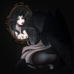 2023 2_horns angellumen anthro applying_lipstick big_butt black_background black_body black_clothing black_dress black_eyebrows black_hair black_horn black_scales black_tail black_wings blue_eyes bovid breasts butt caprine caprine_demon cleavage clothed clothed_anthro clothed_female clothing colored demon digital_drawing_(artwork) digital_media_(artwork) dress english_description english_text eyebrows eyelashes feathered_wings feathers female fur goat_demon grey_hair hair hi_res holding_lipstick horn lidded_eyes light lighting lipstick long_tail looking_at_mirror looking_at_object makeup mammal mirror multicolored_body multicolored_fur multicolored_hair red_inner_ear red_lipstick scales shaded simple_background sitting smiling_at_self solo spade_tail tail tan_body tan_fur text two_tone_hair wings