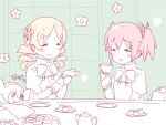  3girls akemi_homura blonde_hair blush bow charlotte_(madoka_magica) closed_eyes cup drinking flower hair_bow hair_ornament holding holding_cup kaname_madoka long_sleeves mahou_shoujo_madoka_magica maid_headdress mitakihara_school_uniform muhogame multiple_girls pink_hair plate school_uniform shirt simple_background tea teapot third-party_source tomoe_mami white_shirt 