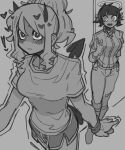  ! 2girls absurdres alternate_costume alternate_hairstyle angel azazel_(helltaker) black_hair blush bone_nigi boots breasts collared_shirt commentary_request demon_girl demon_horns demon_tail expressionless gloves greyscale gym_shorts hair_up hallway halo heart helltaker highres horns indoors knee_boots large_breasts long_sidelocks modeus_(helltaker) monochrome multiple_girls open_mouth outline pants partially_unbuttoned pointing pointing_up sanpaku shirt short_hair short_hair_with_long_locks short_sleeves shorts sidelocks standing t-shirt tail talking tareme 