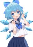  1girl alternate_costume blue_bow blue_bowtie blue_eyes blue_hair blue_sailor_collar blue_skirt blush bow bowtie breasts cirno commentary_request contemporary double_v hair_bow highres ice ice_wings looking_at_viewer medium_breasts medium_hair pleated_skirt sailor_collar sailor_shirt school_uniform shirt short_sleeves simple_background skirt solo suigetsu_(watermoon-910) touhou v white_background white_shirt wings 