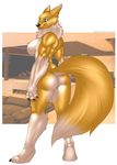  black_nose breasts butt digimon fluffy_tail looking_at_viewer muscles nipples nude pussy renamon smile solo thunder-renamon tongue tongue_out 