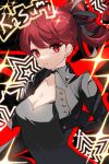  1girl black_jacket black_leotard black_ribbon breasts character_name cleavage closed_mouth commentary dated_commentary floating_hair hair_ribbon highres jacket leotard light_blush light_smile long_hair looking_at_viewer medium_breasts no_mask open_clothes open_jacket outside_border persona persona_5 persona_5_the_royal ponytail red_eyes red_hair ribbon solo sparkle sparkling_aura upper_body violet_(persona_5) yoshizawa_kasumi zer00han 