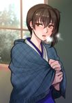  blush breath brown_eyes brown_hair cold japanese_clothes kaga_(kantai_collection) kantai_collection open_mouth scarf short_hair shoukaki_(earthean) solo upper_body window 