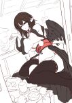  1girl animal bare_shoulders bird black_thighhighs black_wings commentary feathered_wings hat highres kagami_toufu kourindou_tengu_costume obi partially_colored pelvic_curtain pointy_ears pom_pom_(clothes) red_sash sash shameimaru_aya solo thighhighs tokin_hat touhou unworn_hat unworn_headwear wings 