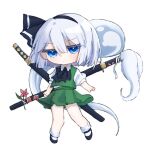  1girl black_bow black_bowtie black_hairband black_shoes blue_eyes bow bowtie chibi chibi_only closed_mouth collared_shirt commentary_request full_body green_skirt green_vest grey_hair hairband highres hitodama katana konpaku_youmu konpaku_youmu_(ghost) looking_at_viewer puffy_short_sleeves puffy_sleeves sheath sheathed shirt shoes short_hair short_sleeves simple_background skirt skirt_set socks solo sword touhou vest weapon white_background white_shirt white_socks wraithakari 