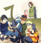  2girls 4boys annoyed arm_around_shoulder armband black_eyes black_hair blonde_hair brown_hair bush bushes crouching eyes_closed female fingernails fingers flak_jacket forehead_protector goggles hand_on_forehead hand_on_thigh hand_on_waist hands haruno_sakura hatake_kakashi konohagakure_symbol legs legs_open long_hair love_letter male mask multiple_boys multiple_girls naruto nohara_rin open_legs pink_hair short_hair spiked_hair spiky_hair spread_legs toes uchiha_obito uchiha_sasuke uzumaki_naruto white_hair 