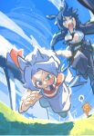  3girls animal_ears bare_arms belt black_hair black_jacket black_pants blue_eyes blush_stickers breasts center_opening crossover day fisheye foreshortening fuji_kiseki_(umamusume) highres horns horse_ears horse_girl horse_racing_track horse_tail jacket long_sleeves midori_no_makibaoo multicolored_hair multiple_girls necktie open_clothes open_jacket open_mouth outdoors overalls pants personification playing_sports puffy_cheeks purple_eyes running serious shirt short_hair speech_bubble strapless sweat tail thought_bubble tube_top two-tone_hair umamusume utsu_bon! v-shaped_eyebrows white_hair white_shirt 