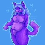 1:1 2026 anthro arm_tuft artist_name balls bell bell_collar belly belly_overhang belly_rolls blue_background blue_collar blue_eyes blue_hair blue_nipples blue_outline breasts cheek_tuft chemicalcreature chest_tuft collar colored countershading curly_hair digital_media_(artwork) domestic_cat elbow_tuft eyelashes facial_tuft fat_rolls felid feline felis flaccid fur fur_tuft genitals gynomorph hair hand_behind_head heart_symbol hi_res hip_tuft humanoid_genitalia humanoid_penis intersex leg_tuft limp_wrist long_hair looking_pleasured maggie_(chemicalcreature) mammal medium_breasts nipples nude outline penis purple_body purple_fur raised_arm raised_tail shaded signature simple_background slightly_chubby smile soft_shading solo standing tail tail_tuft text thick_thighs thigh_tuft three-quarter_view trans_(lore) trans_woman_(lore) tuft watermark