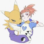  2girls animal_ears animal_nose black_sclera blue_eyes blue_sleeves body_fur broken_heart card claws colored_sclera digimon digimon_(creature) digimon_tamers facial_mark fox_ears fox_girl furry furry_female hand_around_waist heart highres holding holding_card jinsu_exe looking_at_viewer makino_ruki multiple_girls neck_fur orange_hair pants ponytail purple_eyes purple_sleeves raglan_sleeves renamon shirt short_hair snout two-tone_fur white_background white_fur white_shirt yellow_fur yin_yang 