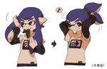  ;) adjusting_hair blue_eyes blue_hair dew-spiegel directional_arrow domino_mask eighth_note inkling long_hair mask monster_boy musical_note one_eye_closed shirt smile splatoon_(series) splatoon_1 tentacle_hair translated tying_hair 