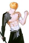  1boy abs adam's_apple applying_bandages bandaged_arm bandaged_torso bandages bleach collarbone commentary_request highres korean_commentary kurosaki_ichigo male_focus no_nipples orange_hair pectorals shihakusho short_hair simple_background solo white_background xatavo9919 zanpakutou 