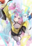  1girl ano_(sbee) bow-shaped_hair breasts character_hair_ornament commentary_request criss-cross_halter duplicate hair_ornament halter_shirt halterneck hexagon_print highres iono_(pokemon) jacket long_hair long_sleeves magnemite medium_breasts multicolored_hair pink_hair pixel-perfect_duplicate poke_ball pokemon pokemon_scarlet_and_violet rotom rotom_phone sharp_teeth single_leg_pantyhose sleeves_past_fingers sleeves_past_wrists smile solo teeth two-tone_hair yellow_jacket 