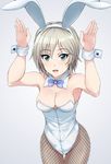  anastasia_(idolmaster) animal_ears blue_eyes breasts bunny_ears bunny_pose bunnysuit fishnet_pantyhose fishnets idolmaster idolmaster_cinderella_girls inoshira medium_breasts open_mouth pantyhose short_hair silver_hair smile solo wrist_cuffs 