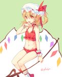  :d bad_id bad_pixiv_id bikini blonde_hair bow flandre_scarlet frilled_bikini frills hand_on_own_chin hat hat_bow laevatein mob_cap navel open_mouth pf red_bikini red_eyes side_ponytail smile solo swimsuit touhou wings wrist_cuffs 