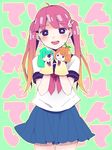  animal_hair_ornament bad_id bad_pixiv_id black_eyes blonde_hair blue_skirt blush brown_hair cyclops gradient_hair green_hair hand_puppet hands_together highres looking_at_viewer multicolored_hair necktie one-eyed open_mouth original pink_hair plant_on_head pleated_skirt puppet reaching ri3939p school_uniform serafuku short_sleeves sketch skirt smile solid_eyes solo twintails two-tone_hair 