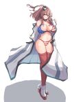  1girl absurdres american_flag american_flag_bikini american_flag_print bikini breasts brown_hair commentary_request dress flag_print flag_print_bikini full_body grey_eyes high_side_ponytail highres kantai_collection kurage_ituki large_breasts looking_at_viewer open_clothes open_dress print_bikini red_thighhighs rudder_footwear saratoga_(kancolle) saratoga_mk_ii_(kancolle) side_ponytail simple_background smokestack_hair_ornament solo swimsuit thighhighs white_background white_dress 