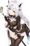  1girl animal_ears black_gloves black_thighhighs blue_eyes blush braid breasts cleavage commentary_request fox_ears fox_girl gloves highres holding holding_staff hololive long_hair magical_girl mahou_shoujo_holowitch! open_mouth shirakami_fubuki smile staff thighhighs user_wevy7384 virtual_youtuber white_hair 