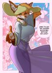 2026 absurd_res arm_outstretched belt biped blue_eyes blush breasts butt canid canine cherry_blossom clothed clothing dialogue digital_media_(artwork) dress english_text female fingers flower fox frozenartifice fur hand_on_head hat headgear headwear heart_symbol hearts_around_head hi_res holding_clothing holding_hat holding_headgear holding_headwear holding_object inner_ear_fluff looking_at_viewer mammal orange_body orange_fur pattern_clothing pattern_topwear plant prunus_(flower) purple_clothing purple_dress shirt simple_background smile speech_bubble standing sun_hat text top_(disambiguation) topwear tuft wide_hips wind