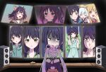  3girls animal_ears bare_shoulders black_choker black_hair blonde_hair blue_hair blush chibi_yachiyo cho_kaguya-hime! choker closed_eyes commentary_request food forehead_jewel fox_ears green_eyes hair_ornament hair_rings hair_stick halterneck hasakana holding holding_phone kaguya_(cho_kaguya-hime!) mole mole_under_eye monitor multicolored_hair multiple_girls orange_eyes pancake pancake_stack paw_pose phone runami_yachiyo sakayori_iroha short_sleeves side_ponytail smile speaker streaked_hair twintails upper_body white_hair 