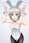  anastasia_(idolmaster) animal_ears blue_eyes breasts bunny_ears bunny_pose bunnysuit fishnet_pantyhose fishnets idolmaster idolmaster_cinderella_girls inoshira medium_breasts open_mouth pantyhose short_hair silver_hair smile solo wrist_cuffs 