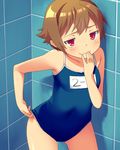  adjusting_clothes adjusting_swimsuit blush brown_hair bvj competition_school_swimsuit covering_mouth highres one-piece_swimsuit original red_eyes school_swimsuit short_hair smile solo swimsuit tile_wall tiles 