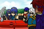  1girl 4boys :3 armor blue_hair car female fire_emblem glasses ike ike_(fire_emblem) long_hair lucina lucina_(fire_emblem) marth marth_(fire_emblem) motor_vehicle multiple_boys my_unit my_unit_(fire_emblem:_kakusei) nintendo red_hair roy_(fire_emblem) serious short_hair smile sunglasses super_smash_bros. white_hair 