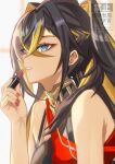  1girl applying_lipstick applying_makeup applying_own_makeup asymmetrical_clothes bare_shoulders black_hair blonde_hair blue_eyes breasts cosmetics criss-cross_halter crossed_bangs dark-skinned_female dark_skin dehya_(genshin_impact) genshin_impact gold_choker hair_between_eyes halterneck highres holding holding_lipstick_tube kazuki_(kazuki_01) lipstick lipstick_tube long_hair makeup multicolored_hair pointy_hair simple_background streaked_hair white_background 