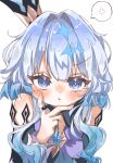  1girl :t anger_vein bare_shoulders blue_eyes blue_hair blush cerydra_(honkai:_star_rail) commentary_request crown hair_intakes highres honkai:_star_rail honkai_(series) long_hair looking_at_viewer mini_crown otya_0430 parted_lips simple_background solo spoken_anger_vein upper_body white_background 