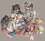  4girls animal_ears artist_name backpack bag blonde_hair brown_hair byway_(ergot) cardigan cat_ears cat_girl cellphone closed_mouth commentary cup ergot ermak_(ergot) eyewear_on_head grey_cardigan grey_hair grey_sweater holding holding_pen homework horns knitting kotatsu momotora_(ergot) mug multiple_girls nekome_(ergot) original pen phone pink_hair playing_games playing_video_games rabbit_ears rabbit_girl red_eyes reptile_girl scarf simple_background sitting smartphone sweater table under_kotatsu under_table yarn yarn_ball yellow_eyes 