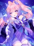 1girl absurdres bare_shoulders blunt_bangs blush bow-shaped_hair breasts bubble cleavage collarbone commentary_request fish genshin_impact gloves highres horns hydro_symbol_(genshin_impact) japanese_clothes jewelry long_hair long_sleeves looking_at_viewer medium_breasts navel nontraditional_miko open_mouth pink_hair purple_eyes sangonomiya_kokomi smile solo stomach thighhighs twitter_username underwater vision_(genshin_impact) white_gloves white_thighhighs wide_sleeves y_w_uuu 