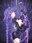  1girl absurdres blue_eyes braid breasts choujigen_game_neptune cleavage_cutout closed_mouth clothing_cutout d-pad d-pad_hair_ornament hair_between_eyes hair_ornament hexagon highres holding holding_sword holding_weapon honeycomb_(pattern) honeycomb_background long_hair looking_at_viewer neptune_(series) open_mouth power_symbol power_symbol-shaped_pupils purple_hair purple_heart_(neptunia) smile solo sword symbol-shaped_pupils thighhighs twin_braids very_long_hair weapon xdlloyd091x 