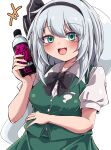  +++ 1girl black_bow black_bowtie black_hairband blush bottle bow bowtie collared_shirt commentary_request green_skirt green_vest grey_hair hairband highres hitodama hitodama_print holding holding_bottle konpaku_youmu konpaku_youmu_(ghost) long_hair looking_at_viewer medium_hair open_mouth puffy_short_sleeves puffy_sleeves shirt short_sleeves simple_background siw0n skirt skirt_set smile solo touhou vest white_background white_shirt youmu_day 