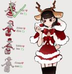  1girl arm_behind_back black_eyes black_hair black_thighhighs blunt_bangs blush bow christmas closed_mouth commentary cowboy_shot dress ear_piercing earrings english_commentary fake_antlers fur-trimmed_dress fur_trim garter_straps hairband hand_up highres hood hood_down jewelry long_hair looking_down original piercing red_bow red_dress red_pupils santa_costume santa_dress simple_background solo standing sweatdrop thighhighs twitter_strip_game very_long_hair white_background yeougui yuan_(yeougui) zettai_ryouiki 
