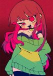  1girl adversarial_noise aged_up alternate_hair_length_(longer) bare_shoulders black_choker black_tank_top black_thighhighs blunt_bangs breasts brown_background brown_hair chara_(undertale) choker cleavage colored_inner_hair commentary_request contrapposto cowboy_shot cutout_eyelashes deformed eyes_visible_through_hair genderswap genderswap_(otf) gradient_background green_sweater half-closed_eye head_tilt heart heart_choker highres large_breasts long_hair long_sleeves looking_at_viewer mr0x0 multicolored_hair no_pants off-shoulder_sweater off_shoulder puffy_long_sleeves puffy_sleeves red_background red_eyes red_hair sidelocks simple_background sleeves_past_fingers sleeves_past_wrists solo spiked_ear_piercing standing straight_hair strap_slip striped_clothes striped_sweater sweater swept_bangs tank_top thick_lineart thighhighs twitter_username two-tone_background two-tone_hair two-tone_sweater undertale uneven_eyes utdr_(toby_fox) wide-eyed yellow_sweater 