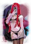  1girl absurdres bikini black_bikini black_choker black_nails blanc_(studio_artblock) breasts cellphone chain choker gold_chain gold_jewelry highres holding holding_phone hololive hololive_indonesia kureiji_ollie long_hair looking_at_phone mirror_selfie pantyhose patchwork_skin phone red_hair selfie small_breasts swimsuit thighband_pantyhose virtual_youtuber zombie 
