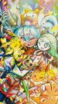  2girls bidoof blush commentary_request eevee farfetch'd gengar hair_between_eyes hatsune_miku highres long_hair long_sleeves looking_at_viewer meloetta meloetta_(aria) mimikyu miraidon momose_arata multiple_girls one_eye_closed open_mouth pichu pikachu poke_ball poke_ball_print pokedex pokemon pokemon_(creature) project_voltage smile spring_onion sweat twintails vocaloid waist_poke_ball 
