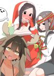  3girls :o absurdres alternate_costume animal_costume bell black_eyes black_hair blue_eyes blush bob_cut bound bow bowtie breasts brown_hair christmas collared_shirt commentary cowboy_shot detached_collar dress embarrassed flying_sweatdrops from_side fur-trimmed_dress fur_trim ghost gloves grey_hair grey_skirt grey_vest hair_between_eyes hand_on_own_cheek hand_on_own_face hand_up hands_up hat highres jingle_bell kurobe_natsumi large_breasts long_sidelocks looking_at_viewer multiple_girls no_nose no_pupils nose_blush office_lady open_mouth own_hands_together pencil_skirt red_bow red_bowtie red_dress red_gloves reindeer_costume sakurai_touko santa_costume santa_dress santa_hat senpai_ga_uzai_kouhai_no_hanashi sharp_teeth shirt short_hair sidelocks simple_background skirt teeth tied_up_(nonsexual) tsukishiro_mona untranslatable_commentary upper_body upper_teeth_only uruti_2388 vest white_background white_shirt wrapped_up yellow_eyes 