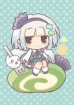  1girl black_bow black_bowtie black_hairband blush bow bowtie chibi chibi_only collared_shirt commentary dress food food-themed_hair_ornament food_request fork green_background green_dress grey_hair hair_ornament hairband highres hitodama konpaku_youmu konpaku_youmu_(ghost) looking_at_viewer macaron_hair_ornament mini_person minigirl pinafore_dress polka_dot polka_dot_background shirt silverrain sleeveless sleeveless_dress solo star_(symbol) touhou white_shirt 