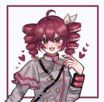  1girl ahoge blush bow buttons commentary_request dot_nose double-breasted drill_hair frills grey_jacket hair_between_eyes hand_up heart jacket ka_no_11 kasane_teto kasane_teto_(sv) long_sleeves looking_at_viewer nail_polish open_mouth red_eyes red_hair red_nails shoulder_belt shoulder_boards sidelocks simple_background solo synthesizer_v teeth tongue twin_drills upper_body upper_teeth_only utau white_background white_bow 