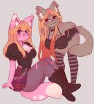 2024 4_fingers anthro arm_tuft artist_name bangs barbell_piercing bent_legs big_breasts black_boots black_bottomwear black_choker black_clothing black_footwear black_jewelry black_necklace black_shirt black_shorts black_tank_top black_topwear blonde_eyebrows blonde_hair blue_eyes blush blush_lines boots bottomwear breast_tattoo breasts brown_hair cami_(suzeart) cheek_tuft choker cleavage closed_frown closed_smile clothed clothed_anthro clothed_female clothing colored digital_drawing_(artwork) digital_media_(artwork) dipstick_ears dipstick_tail domestic_cat duo ear_markings ear_piercing ear_ring ear_tuft english_description eyebrow_through_hair eyebrows eyelashes eyelashes_through_hair facial_tuft felid feline felis female female_anthro fingers footwear frown frowning_at_viewer fully_clothed fully_clothed_anthro fully_clothed_female fur fur_tattoo grey_background grey_clothing grey_leggings grey_legwear grey_tail hair hand_behind_head heart_(marking) heart_symbol hi_res inner_ear_fluff jewelry kitty_(suzeart) leaning leaning_forward leggings legwear long_hair long_tail looking_at_viewer mammal markings medium_breasts mouth_closed multicolored_body multicolored_ears multicolored_fur multicolored_hair necklace nipple_barbell nipple_outline nipple_piercing nipples pattern_bottomwear pattern_clothing pattern_legwear pattern_skirt pattern_stockings pattern_thigh_highs piercing pink_body pink_fur pink_nose pink_tail plaid plaid_bottomwear plaid_clothing plaid_skirt purple_clothing purple_legwear purple_stockings purple_thigh_highs red_bottomwear red_clothing red_skirt ring_piercing shaded shirt shoelaces shoes shorts shoulder_tuft simple_background sitting skirt smile smiling_at_viewer standing stockings striped_clothing striped_legwear striped_stockings striped_thigh_highs stripes suzeart tail tail_markings tank_top tattoo text thick_thighs thigh_highs topwear torn_clothing torn_leggings torn_legwear translucent translucent_hair tuft two_tone_hair two_tone_tail white_ear_tips white_inner_ear_fluff white_markings white_tail_tip