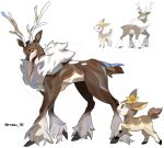  absurdres animal_focus antlers closed_mouth deer deerling deerling_(winter) evolutionary_line highres horns karmaho no_humans official_art_inset open_mouth pokemon pokemon_(creature) pokemon_focus sawsbuck sawsbuck_(winter) smile twitter_username white_fur 