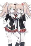  2girls bear_hair_ornament black_boots black_bra black_shirt blonde_hair blue_eyes blush boots bow bowtie bra breasts cleavage cosplay danganronpa:_trigger_happy_havoc danganronpa_(series) diagonal-striped_clothes diagonal-striped_necktie disguise enoshima_junko enoshima_junko_(cosplay) expressionless freckles hair_bow hair_ornament hand_on_another's_shoulder highres ikusaba_mukuro leg_between_thighs long_hair medium_breasts multiple_girls nail_polish necktie nyanya_jiang polka_dot_necktie rabbit_hair_ornament red_bow red_bowtie red_nails red_skirt shirt simple_background skirt small_breasts smile striped_clothes twintails underwear white_background white_necktie 