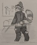 absurd_res anthro bandage bandaged_tail bite_mark blush claw_marks clothing darthnear diver_(fizzy_pop_ex) female fur hair hammer hi_res jacket leggings legwear mammal nonbinary_(lore) procyonid raccoon ragged_clothing screwdriver shaded_face short_hair solo toolbox tools topwear torn_clothing torn_legwear woolly_clothing