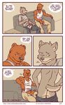  anthro artdecade back bear big_muscles butt canine clothed clothing comic duo english_text erection grizzly_bear male male/male mammal masturbation muscles pants pants_down penis rear_view sitting sofa standing text uncut undressing what wolf 