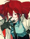 absurdres black_gloves chinese_commentary coat collared_shirt commentary_request doctor drill_hair glasses gloves half-closed_eyes highres igaku_(utau) kasane_teto lab_coat looking_at_viewer necktie open_clothes open_coat qing716328 red_eyes red_hair shirt smile twin_drills white_coat 